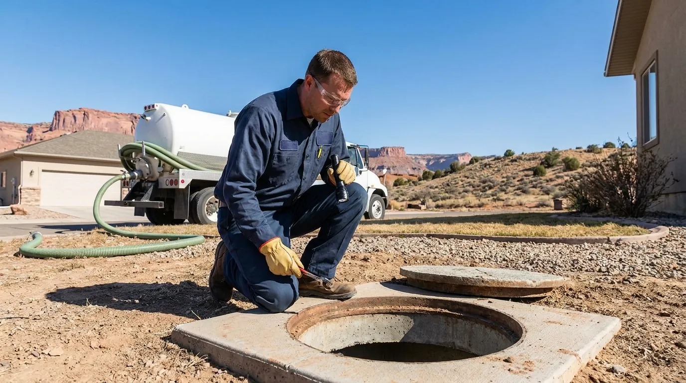 Technician inspecting an open septic tank in Grand Junction